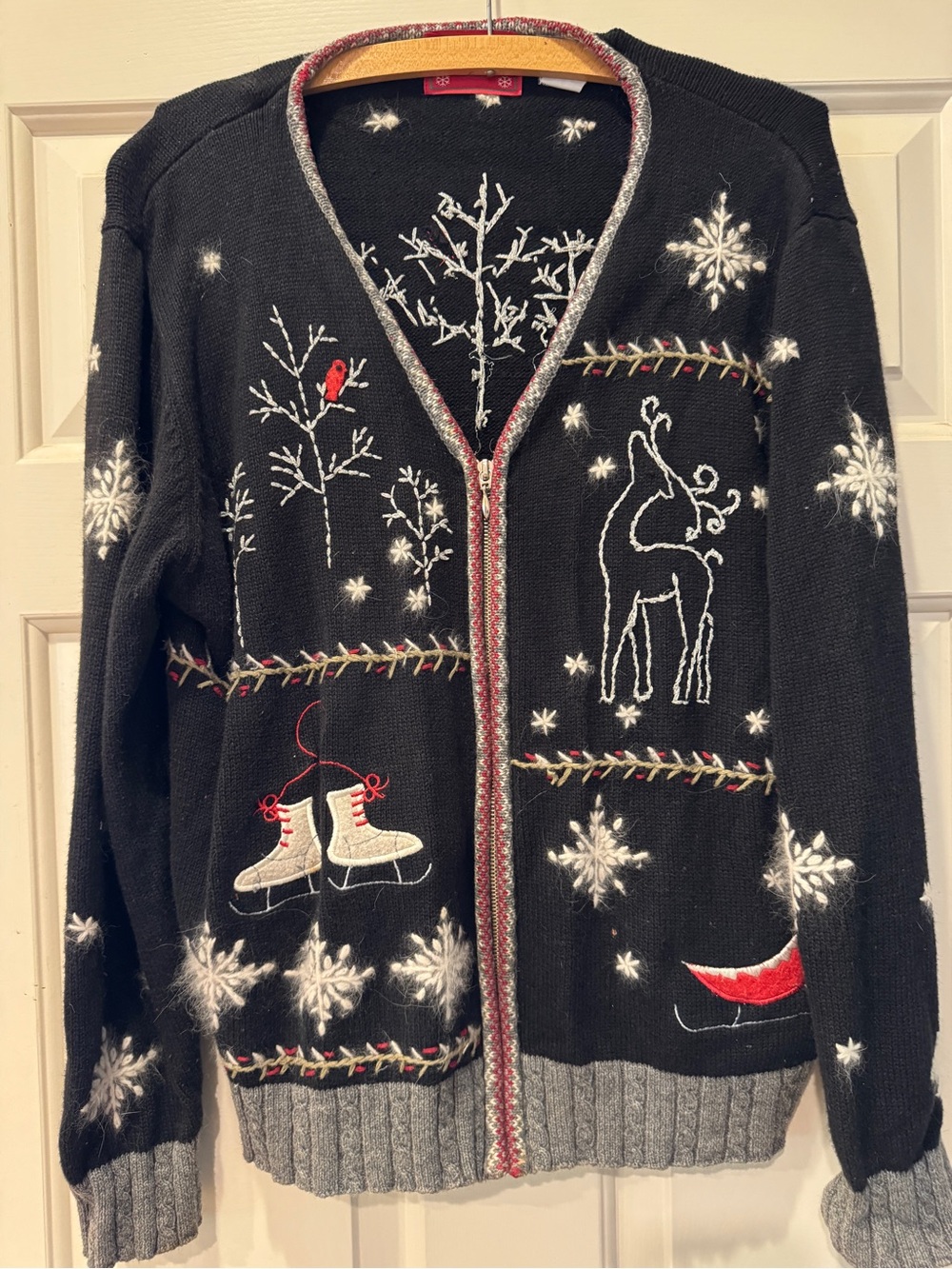Northcrest Black Holiday Cardigan with White Snowflakes and Red Accents